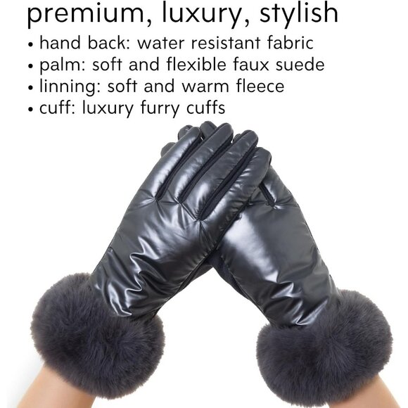 Women's Winter Warm Faux Dark Gray Leather Fleece Fur Cuffs Touchscreen Gloves - Picture 3 of 5